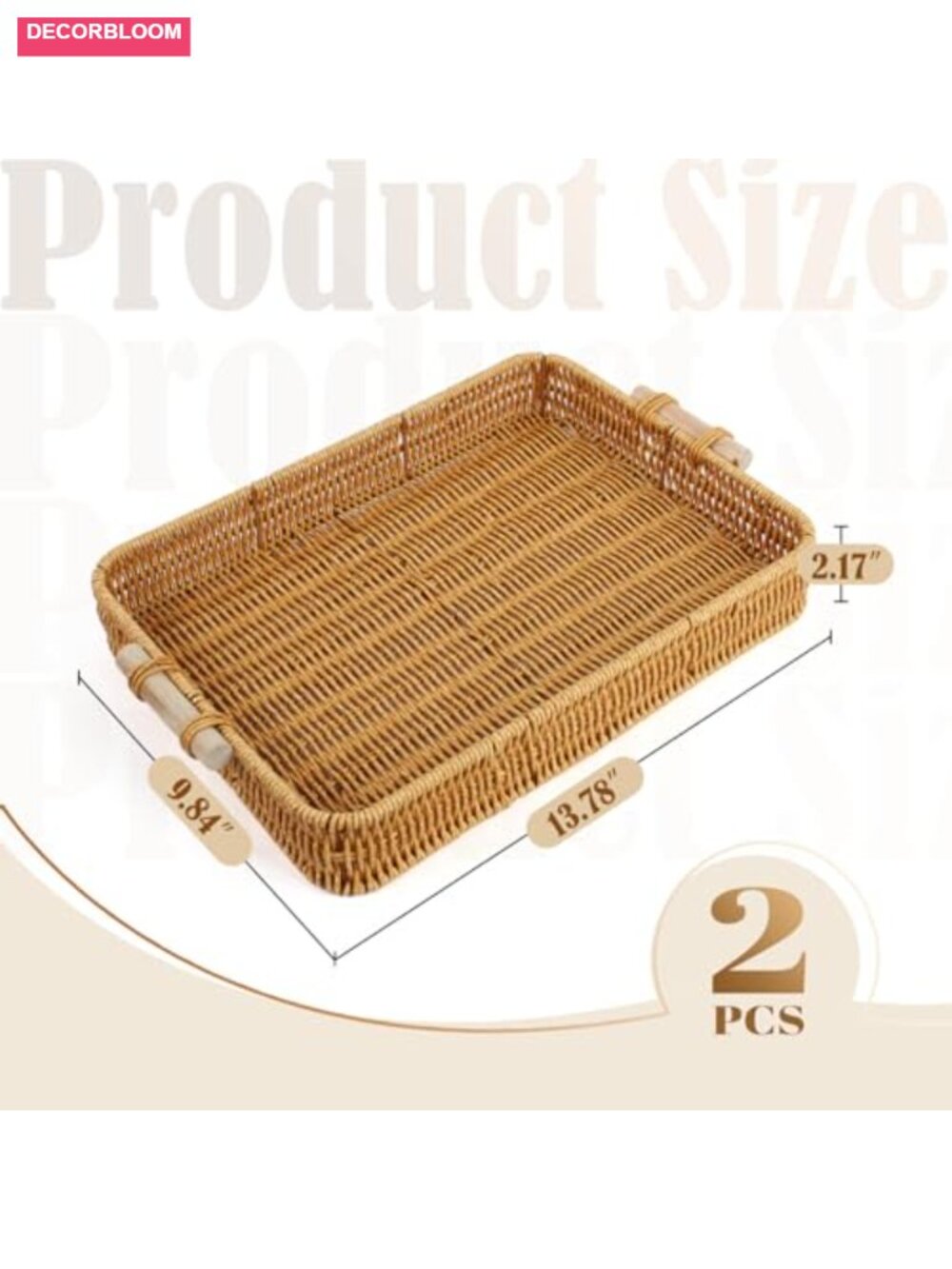 2-Pack Large Rectangular Faux Rattan Serving Tray with Wooden Handles, Woven - Picture 2 of 6